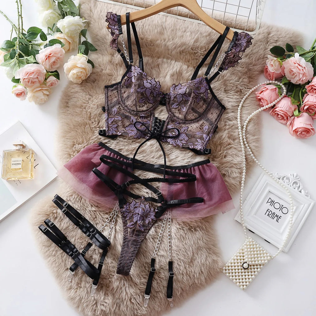Light blue lace embroidery transparent push up bra set with mesh detailing for women