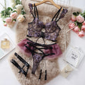 Light blue lace embroidery transparent push up bra set with mesh detailing for women