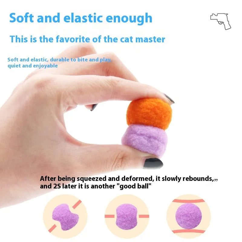 Plush pet toy ball launcher gun set with soft 3cm yarn balls for interactive indoor play