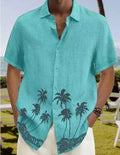 Men's cotton short sleeve shirt with stand collar and crease-resistant finish, shown in grey, green, sky blue or camel