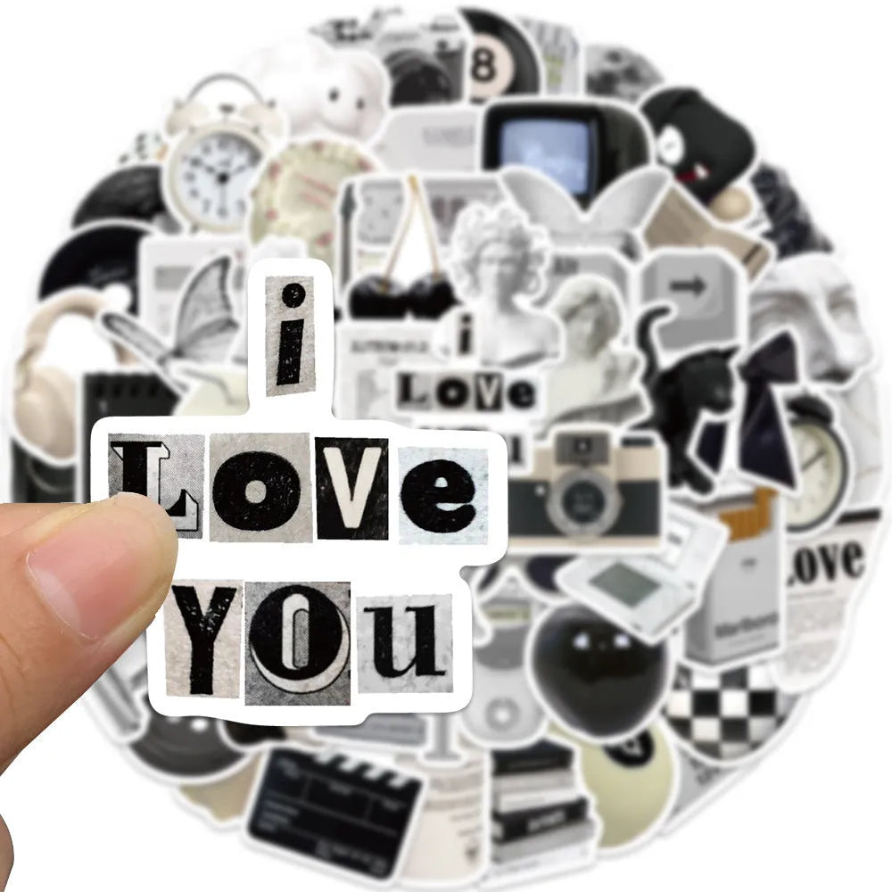 Black and white waterproof sticker sheet with 61 designs for laptop cup phone case decoration