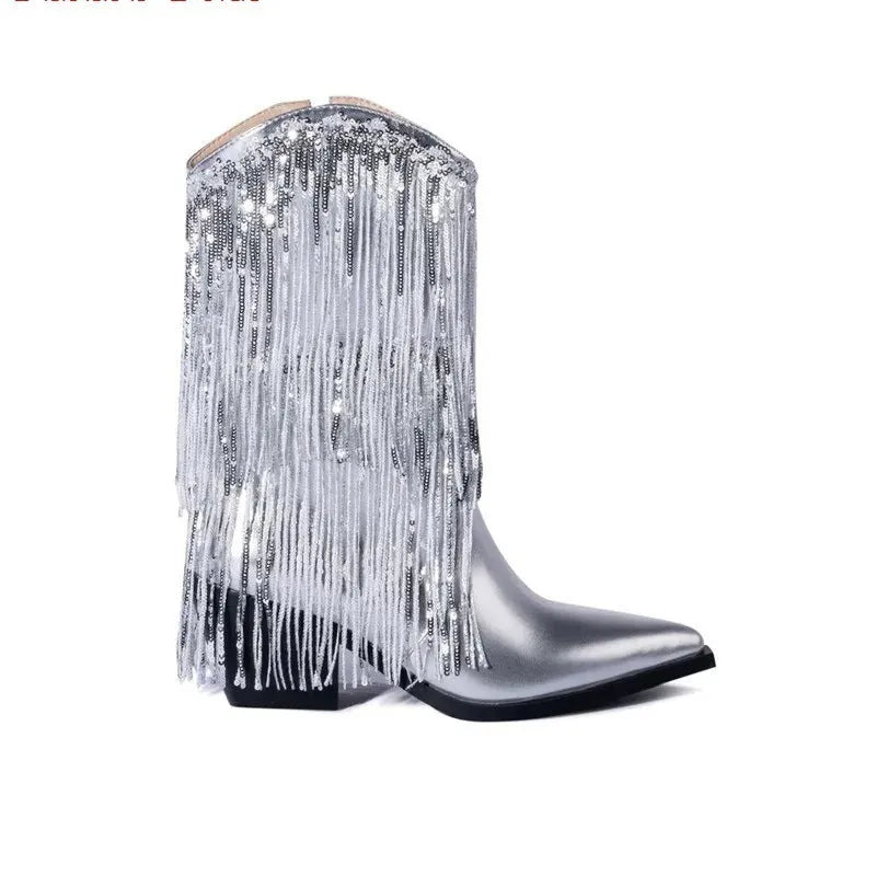 Women's chunky heel tassel boots with pointed toe and 8cm stiletto heel in PU material