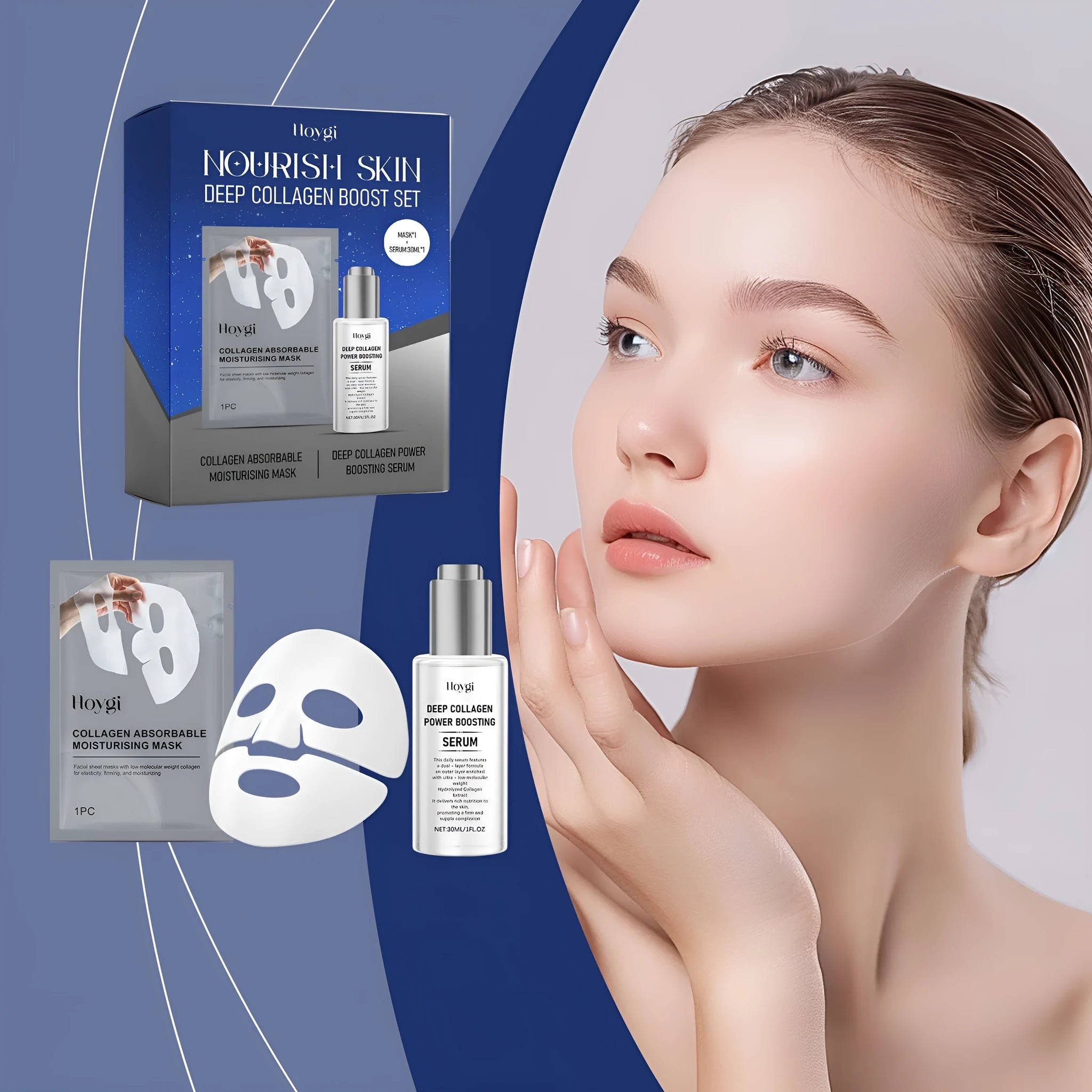 Collagen moisturising skincare set with face mask and 30ml essence bottle