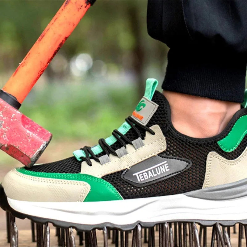 Black green plastic steel toe safety overshoes with large mesh panels and low-top design