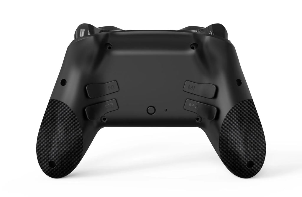 Black wireless game controller with leather-pattern grip for Nintendo Switch and PC.