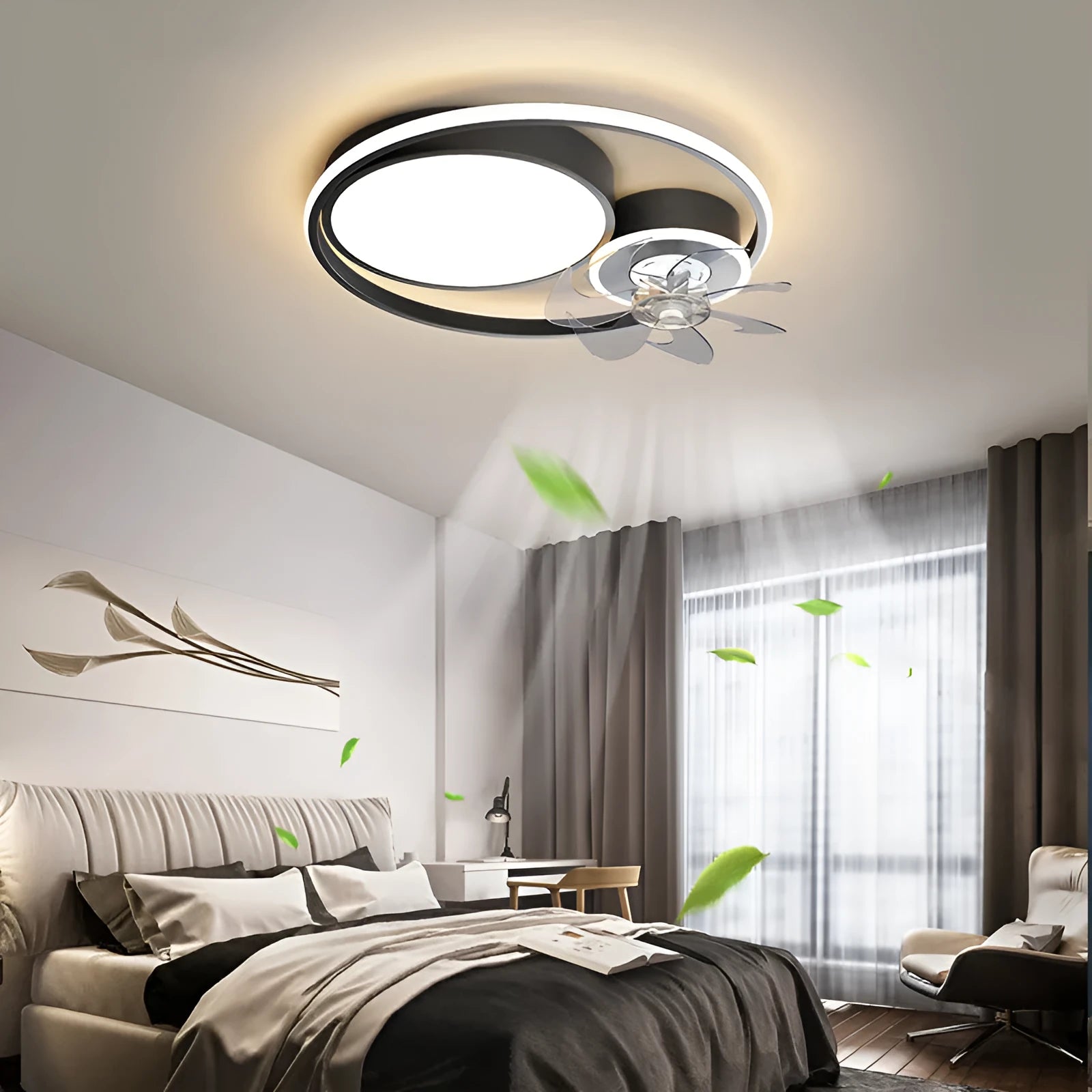 Nordic style 48cm ceiling fan light with metal blades and acrylic lampshade in black finish