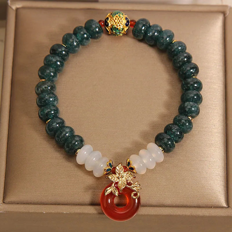 Blue water jade abacus beads and red agate peace buckle crystal bracelet with rhinestones