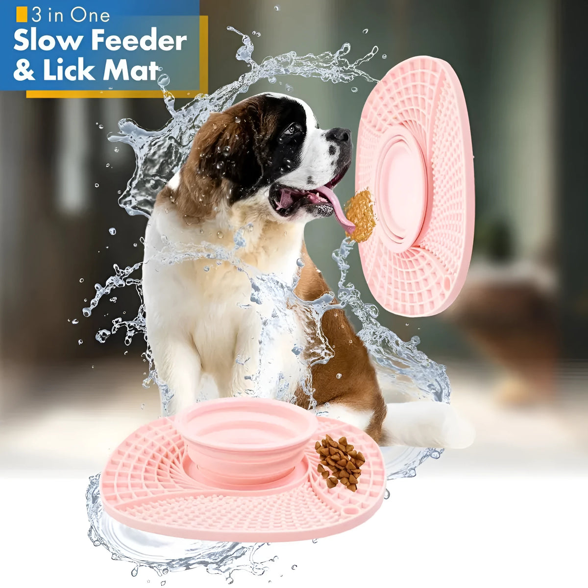 Slow feeder dog bowl with non-slip base, anti-gulping puzzle design, in blue dark green green orange pink purple.