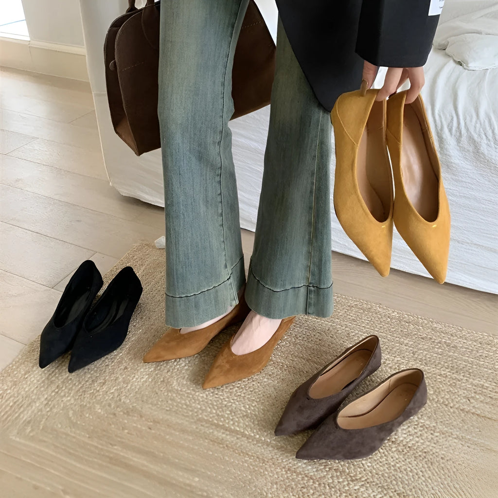 Wedge suede pointed toe pumps in black, brown, coffee or yellow, flat heel, square toe, sizes 35-40
