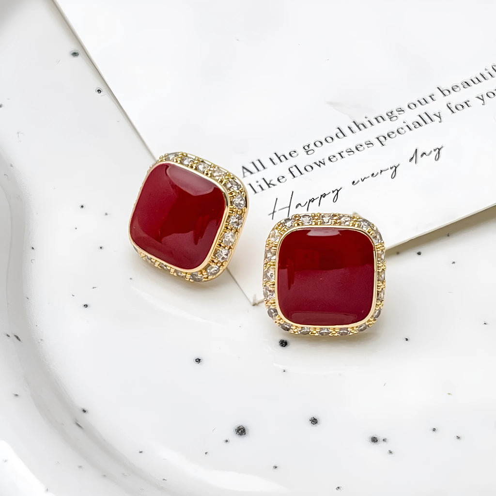 Red square geometric alloy earrings with inlaid design, retro style women's jewellery