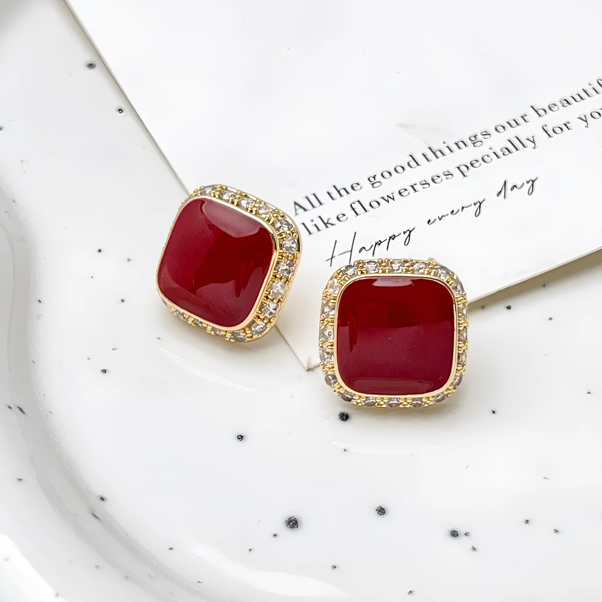 Red square geometric alloy earrings with inlaid design, retro style women's jewellery