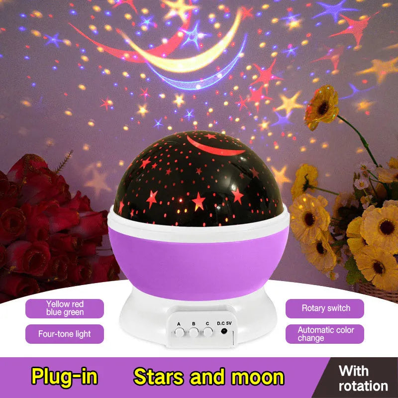 LED projector light in use showing starry sky projection, 14.5x13cm bedside table lamp with USB or battery power