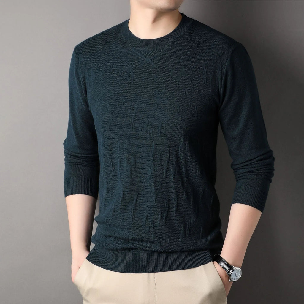 Men's loose fit solid colour long sleeve sweater in khaki, polyester fibre, front view