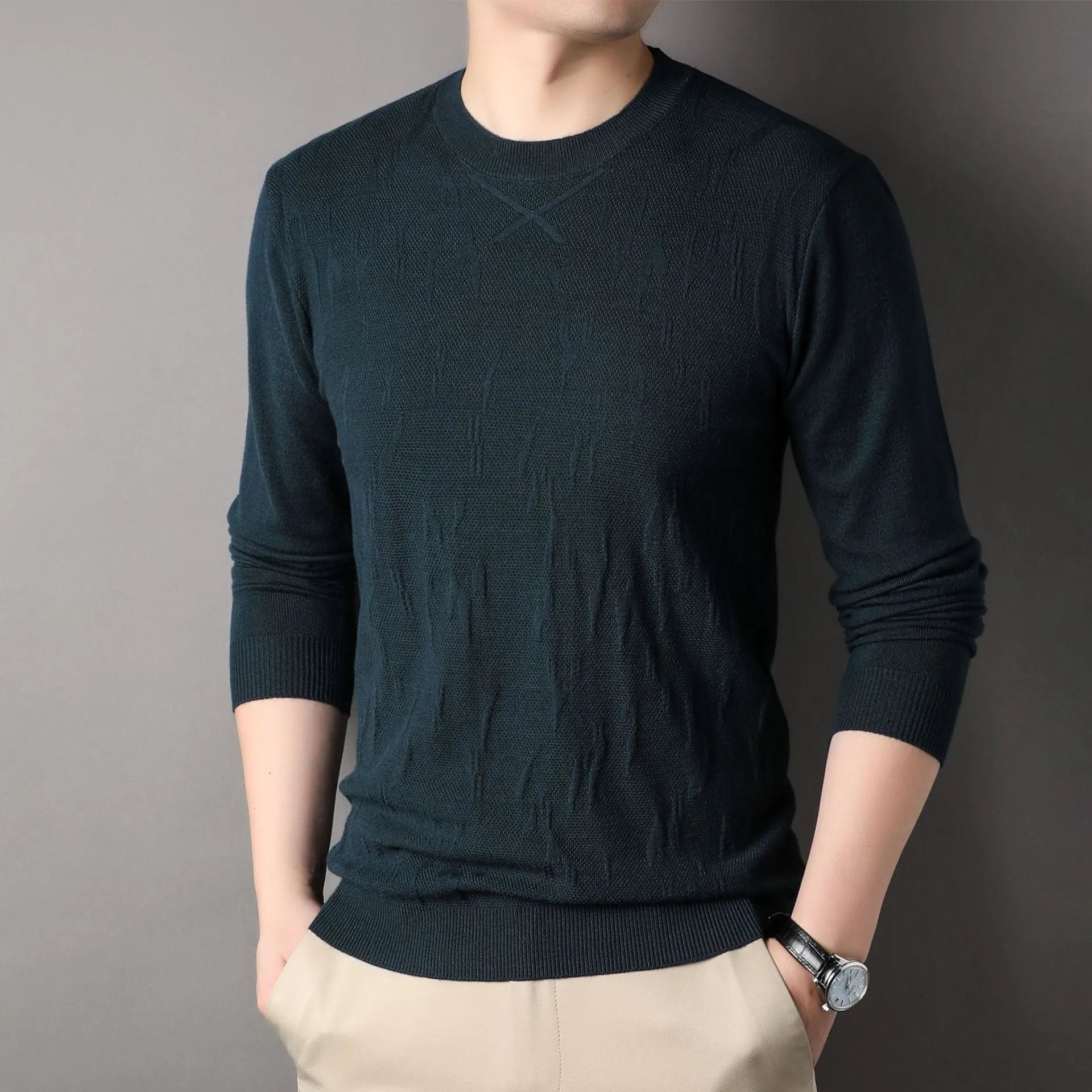 Men's loose fit solid colour long sleeve sweater in khaki, polyester fibre, front view