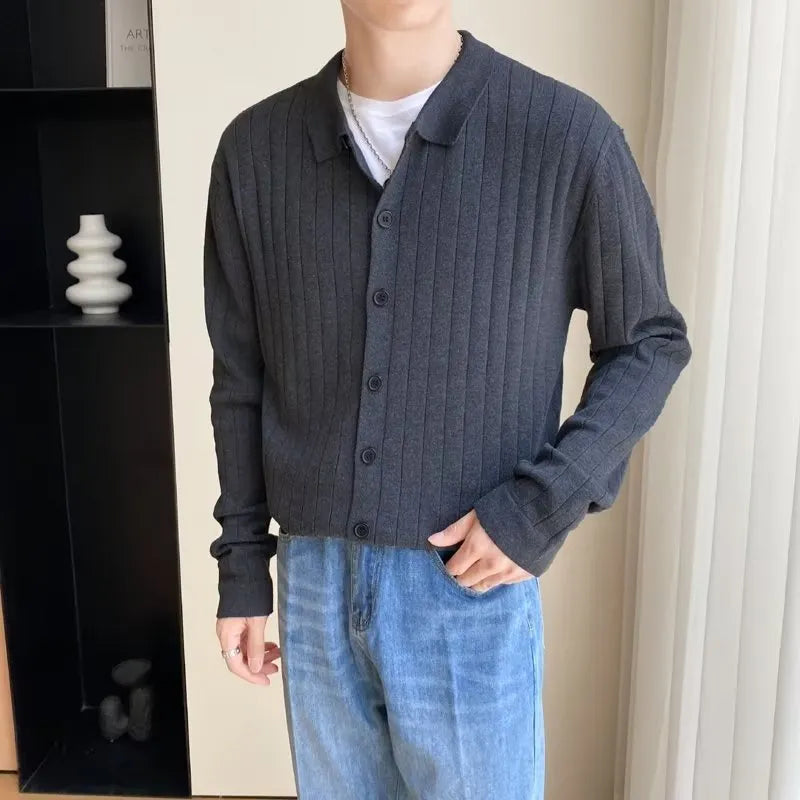 Men's loose fit cotton chenille cardigan sweater with lapel collar, available in green grey black white