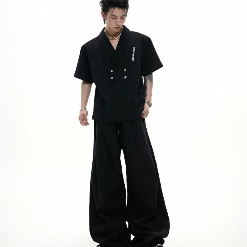 Men's dark grey cotton sports suit with V-neck padded shoulder jacket and matching shorts