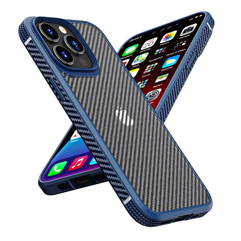 Black anti-fall protective back cover for iPhone 13 series with carbon fibre pattern