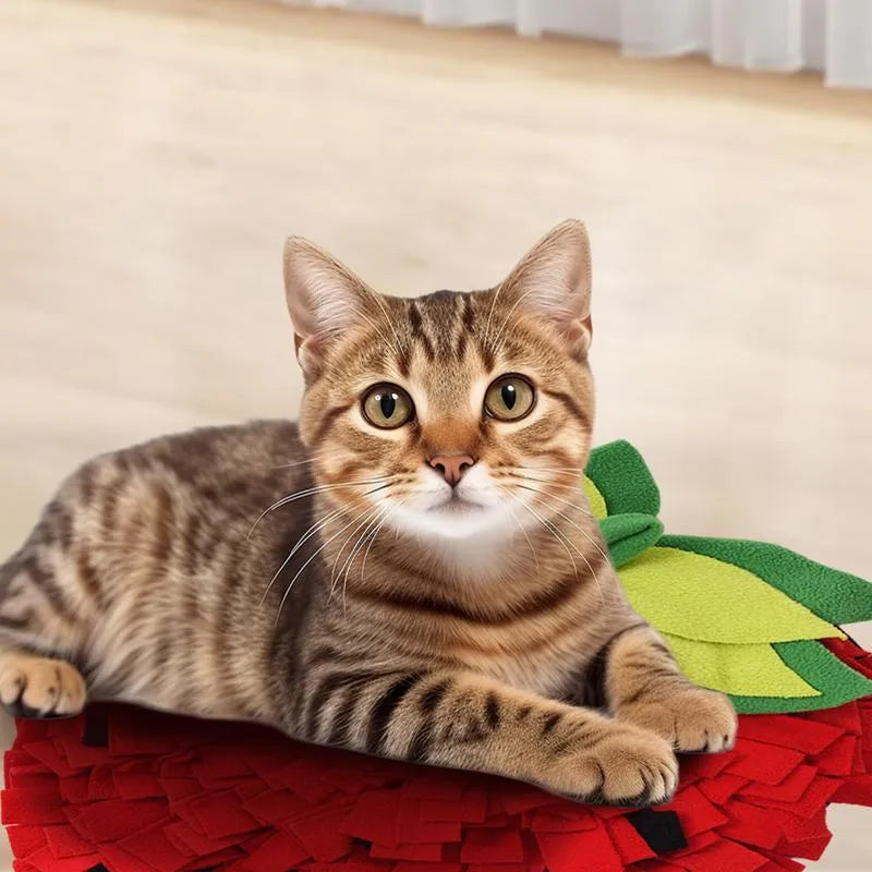 Red and green strawberry-shaped pet slow feeder mat with textured hiding spots