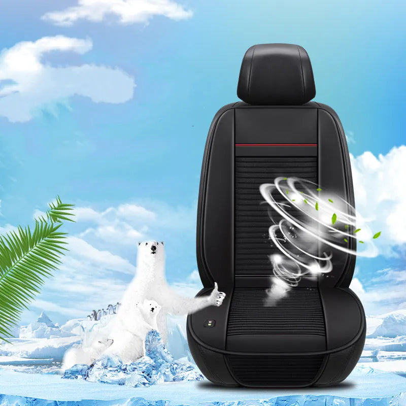 Black ice silk car seat cushion with blowing cooling and massage function on vehicle seat
