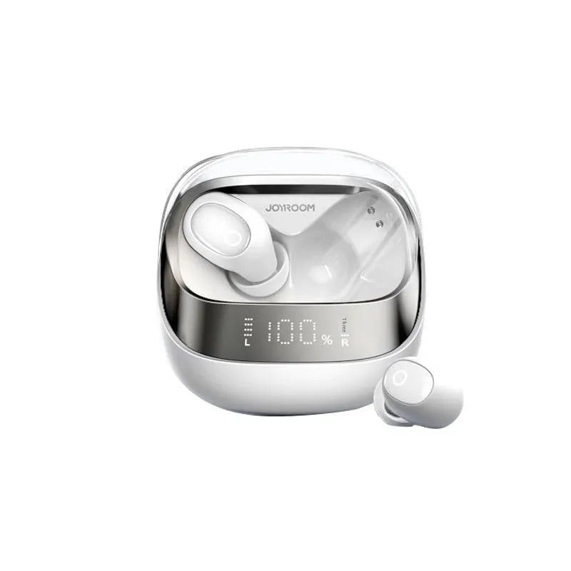 Dawn White wireless Bluetooth in-ear headphones with charging case on a table.