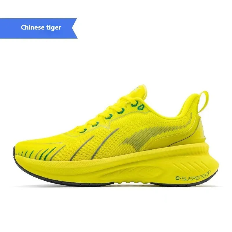 Low-top running sneakers with striped design, available in colours like red, black, and blue, showing rubber sole and mesh upper.