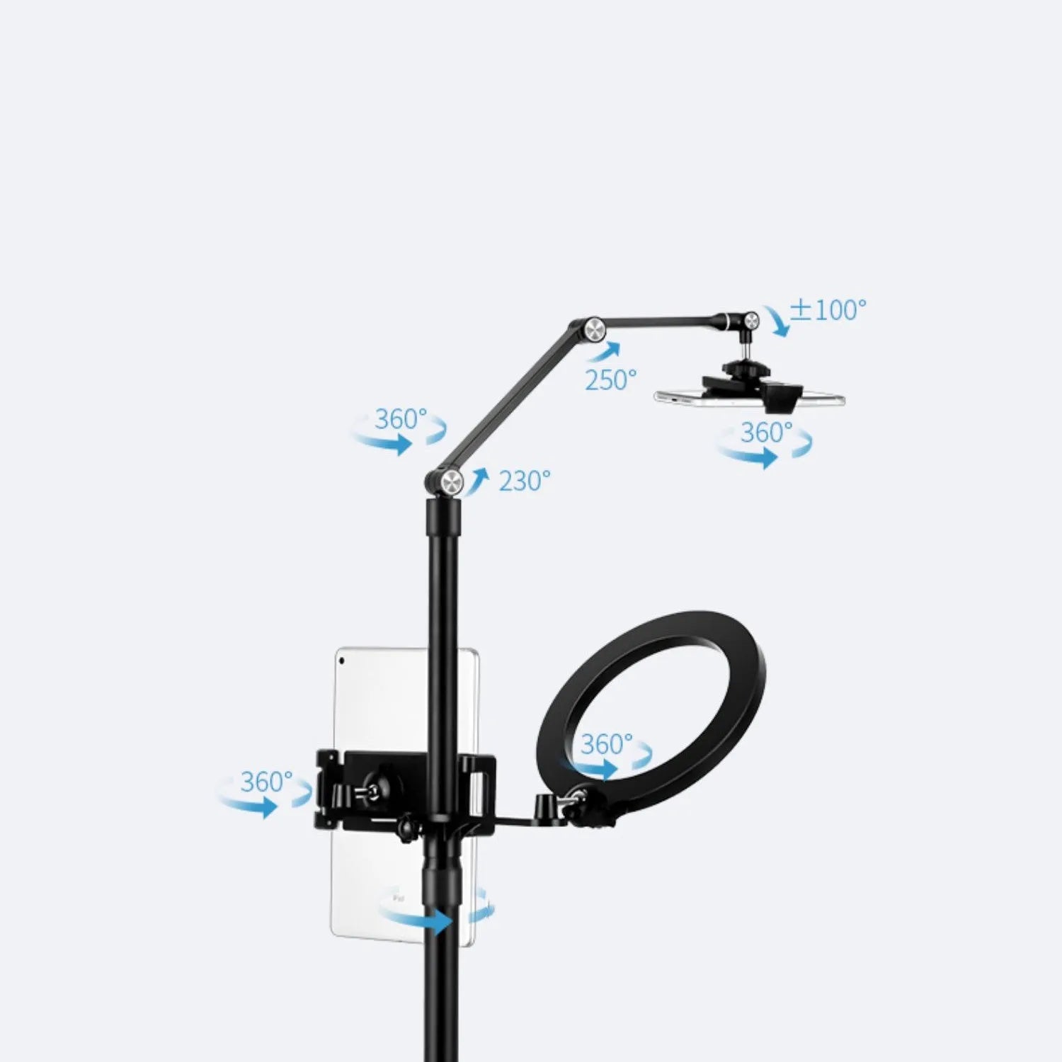 Desktop multi-camera live broadcast stand with alloy construction, adjustable angle, mobile phone bracket and iPad holder, LP-4p