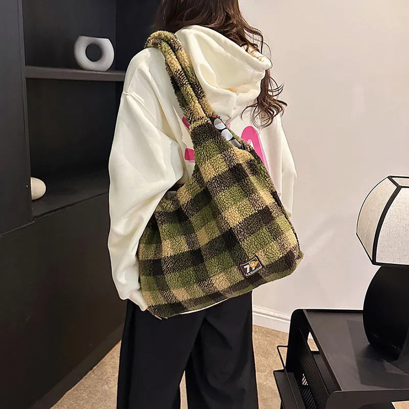 Women's plaid shoulder crossbody tote bag in soft plush material showing orange colour option