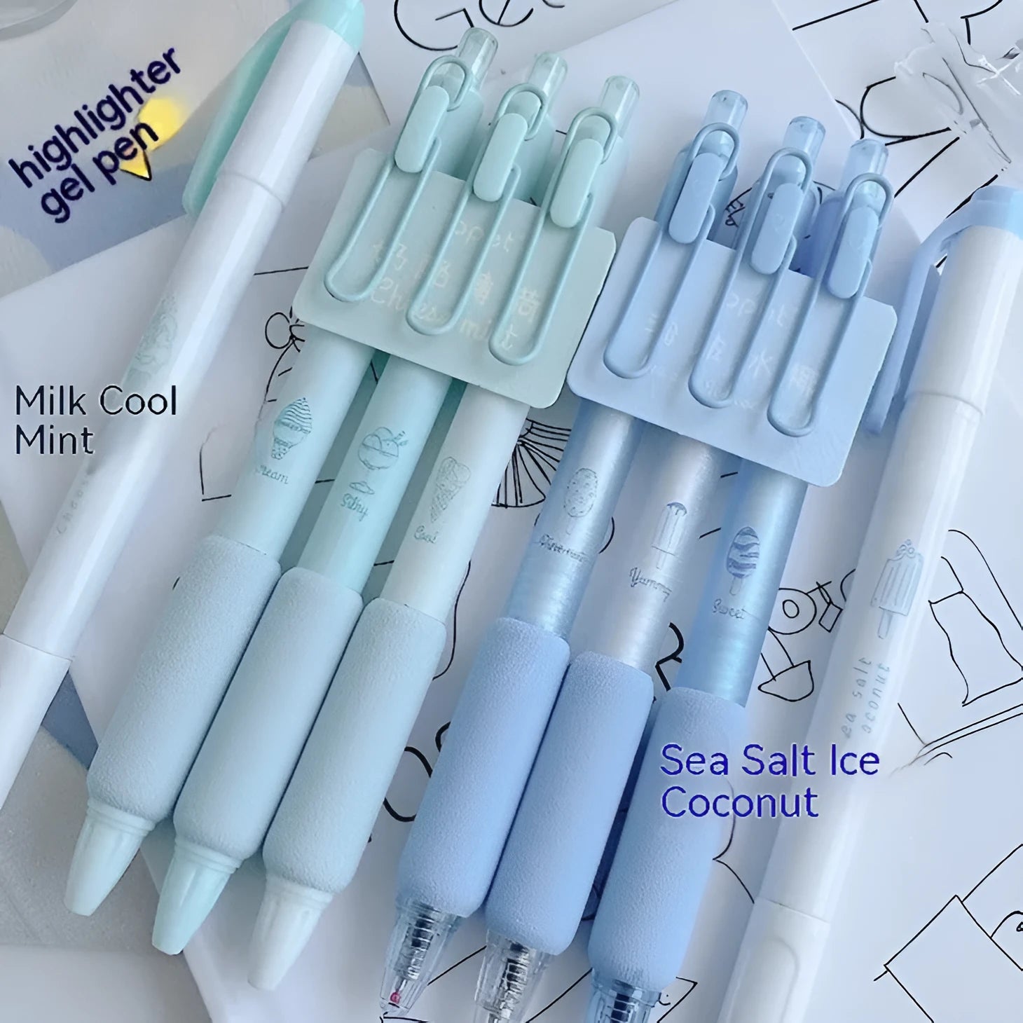 Double-ended fluorescent highlighter pen with ice cream sponge press design and 0.5mm tip