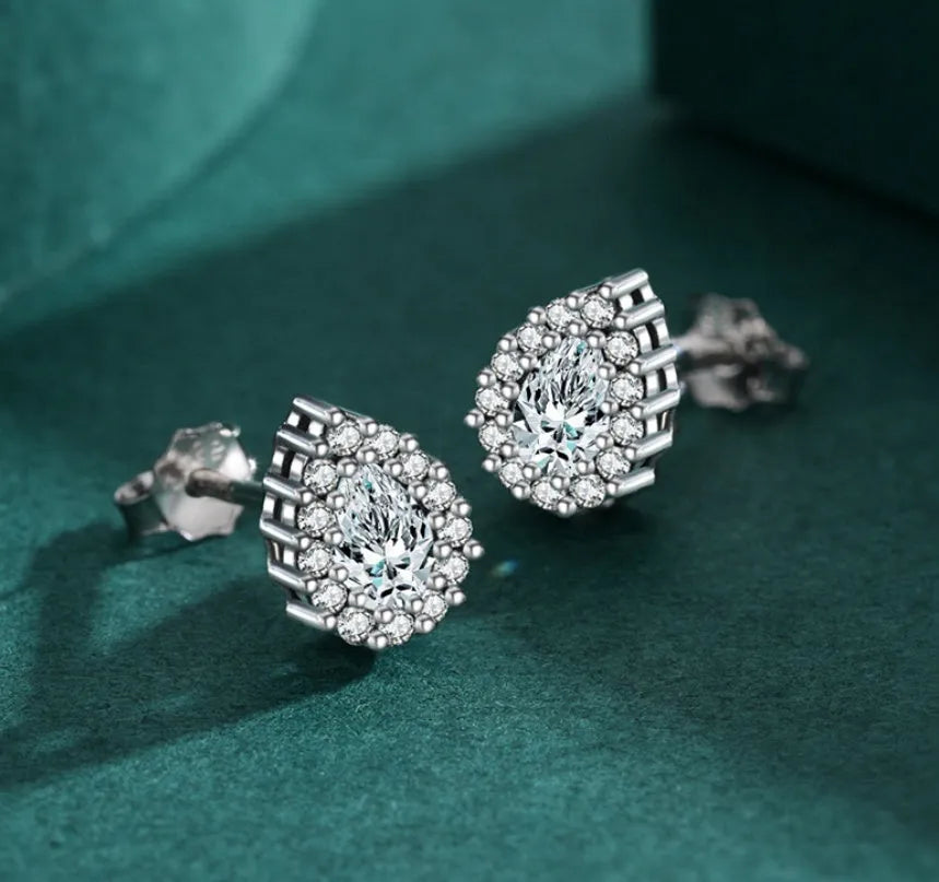 Silver water drop ear studs with diamond treatment on 925 sterling silver