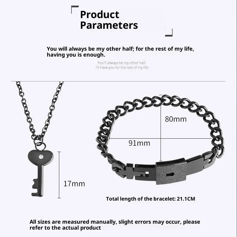 Interlocking peach heart key necklace and bracelet set in titanium stainless steel, shown in steel, black, and golden colour options