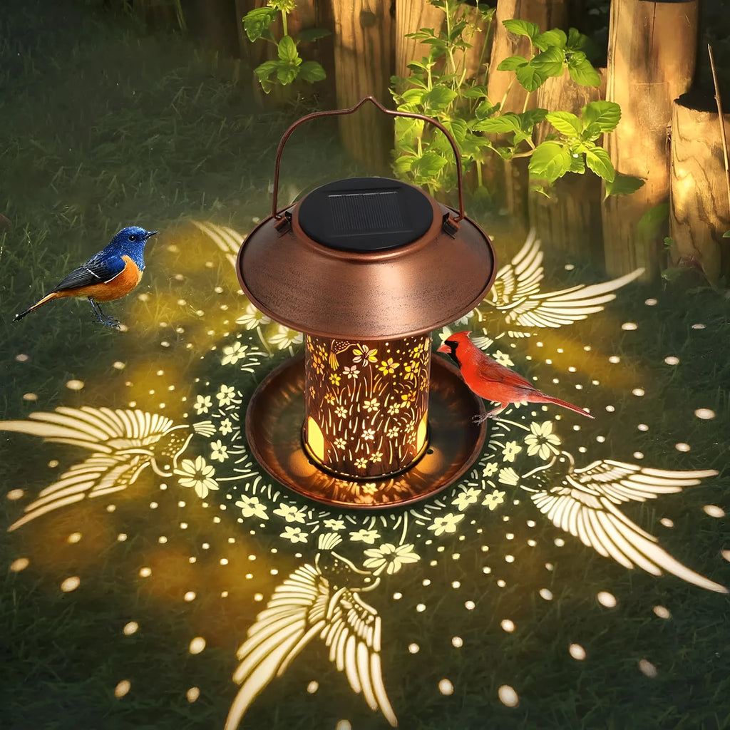 Hummingbird pattern solar-powered iron bird feeder and garden lamp with waterproof construction