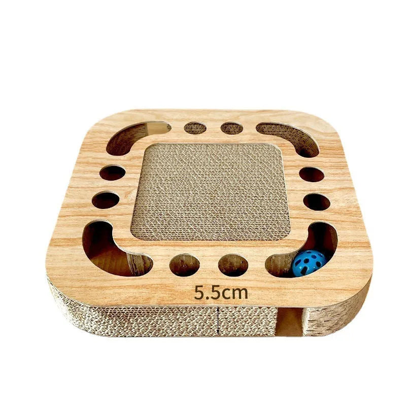 Corrugated paper cat scratch board with interactive ball in bullet plate style