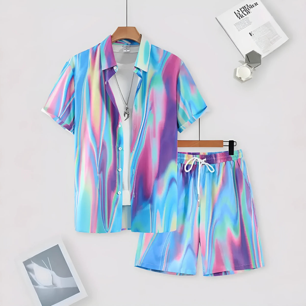 Men's wild print short sleeve shirt and shorts set in polyester blend, sizes S to 4XL, summer casual outfit