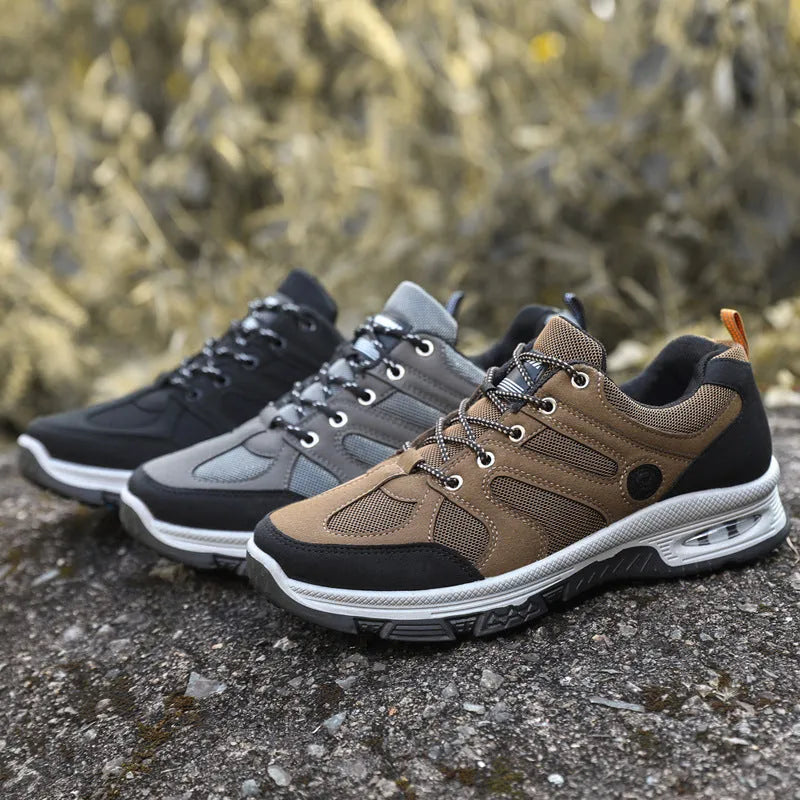 Men's breathable mesh trainers with EVA sole, colourblocking upper, round toe, elastic lace-up, in black camel or grey