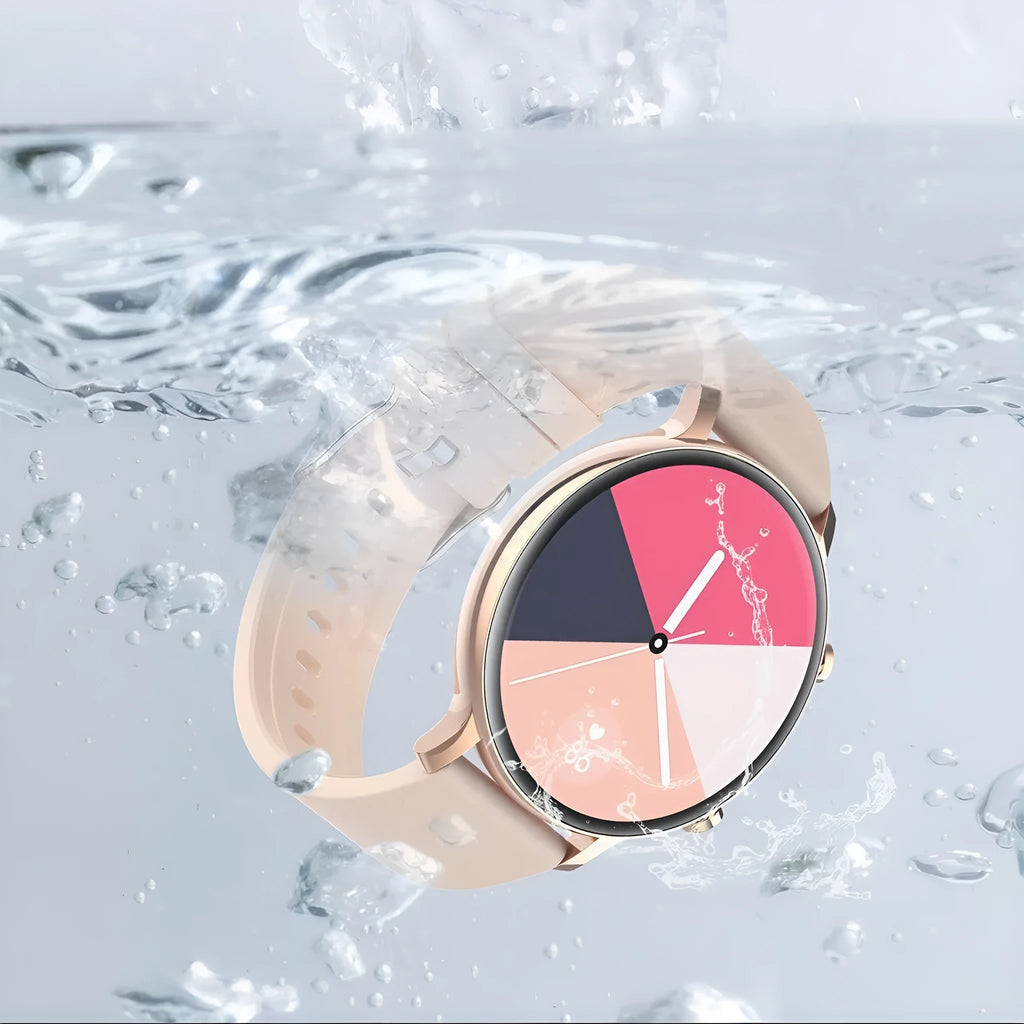 Bluetooth smartwatch with stainless steel strap on wrist, showing call and heart rate interface.