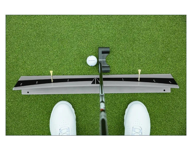 Golf putter trajectory balance simulator with adjustable push rod on PVC base