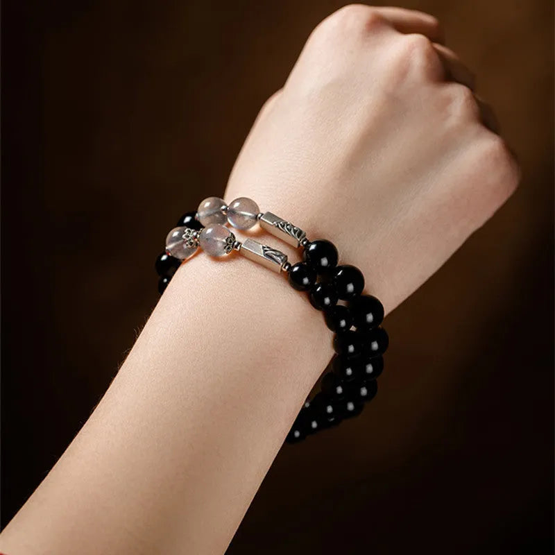 Obsidian Buddha beads couple bracelet DIY set with 8mm and 10mm national style gemstone beads