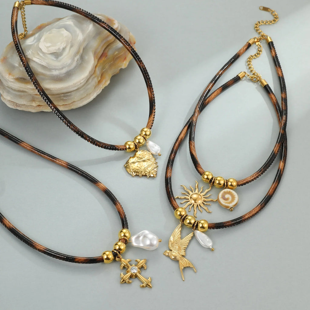 Women's stainless steel necklace with geometric leopard leather pendant on adjustable chain