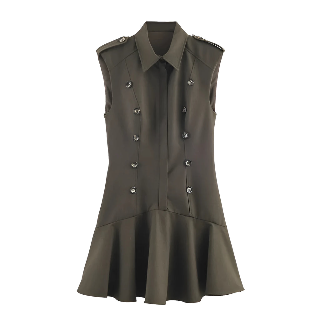 Women's long sleeve padded shoulder short dress with asymmetric stripe/plaid skirt and pleated detailing in nylon fabric