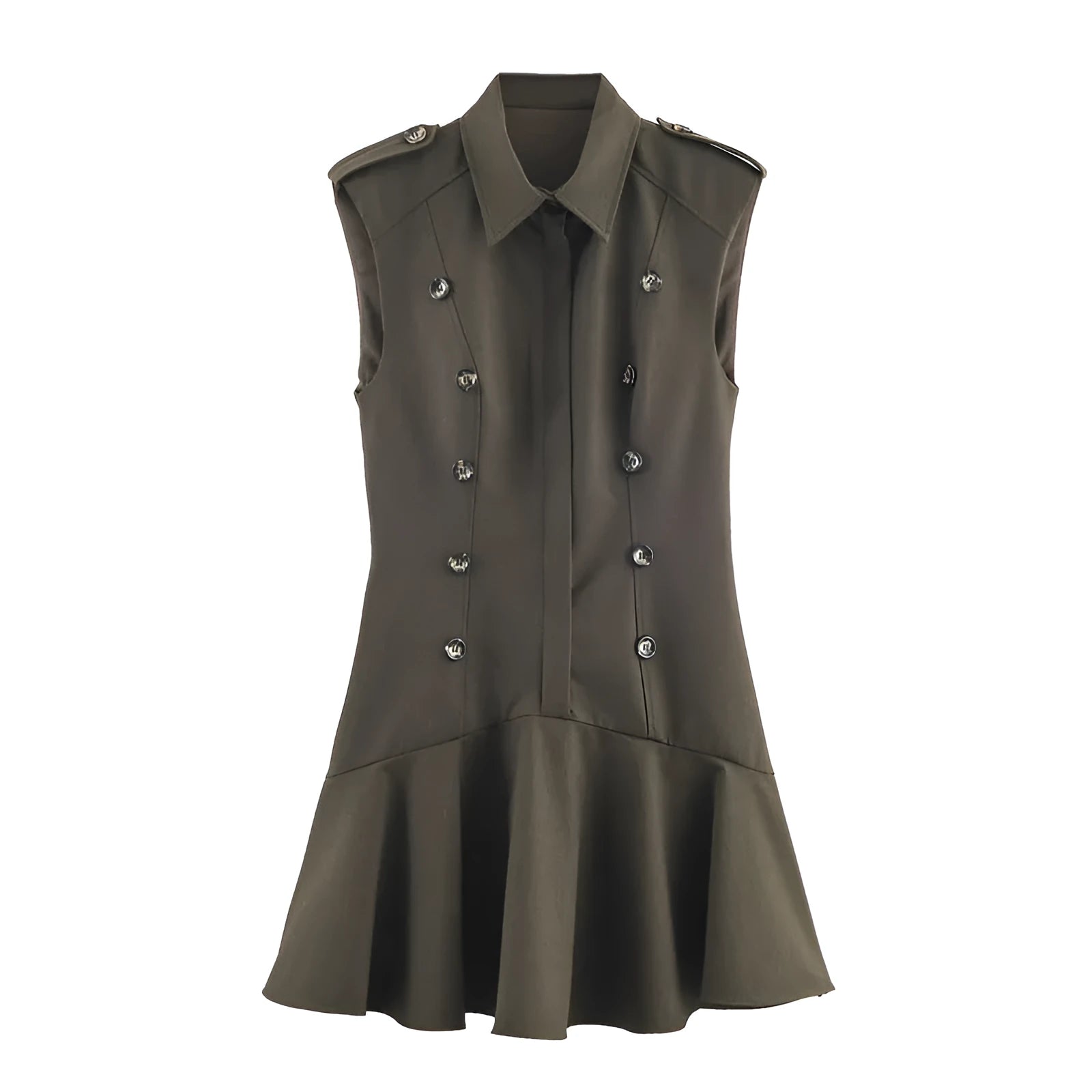 Women's long sleeve padded shoulder short dress with asymmetric stripe/plaid skirt and pleated detailing in nylon fabric