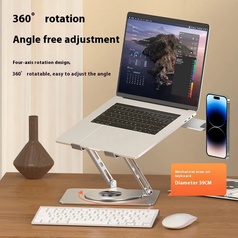 Silver carbon steel laptop stand with a rotatable magnetic phone holder attached, shown supporting a laptop.