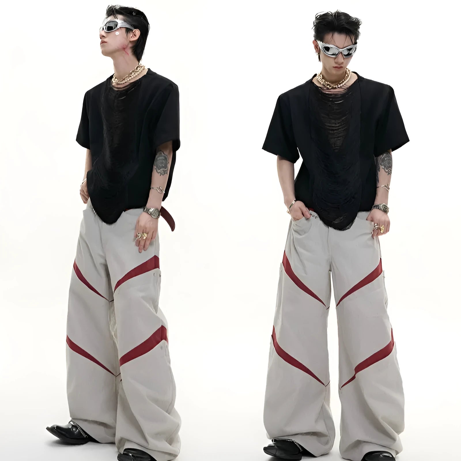 Men's drum black hollow out V-neck T-shirt with short sleeves and tassel detail