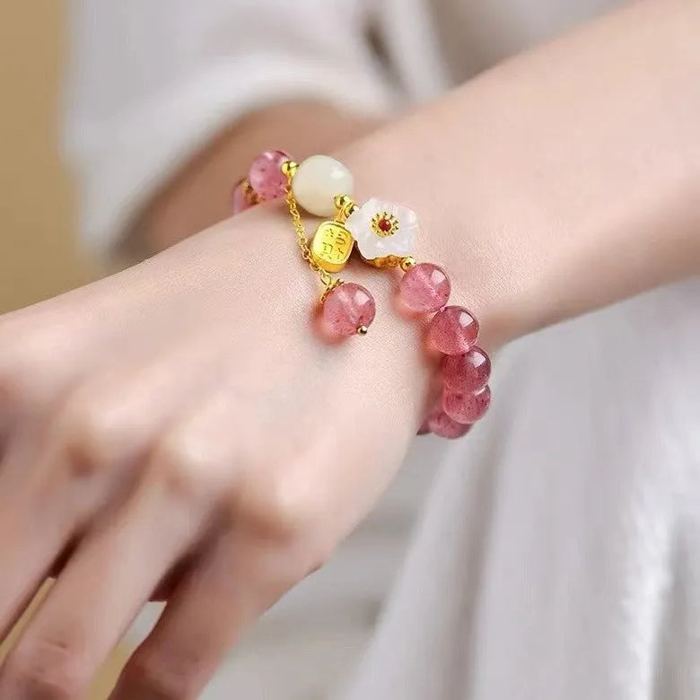 Handmade strawberry quartz crystal bracelet with green crystal moon charms for girls