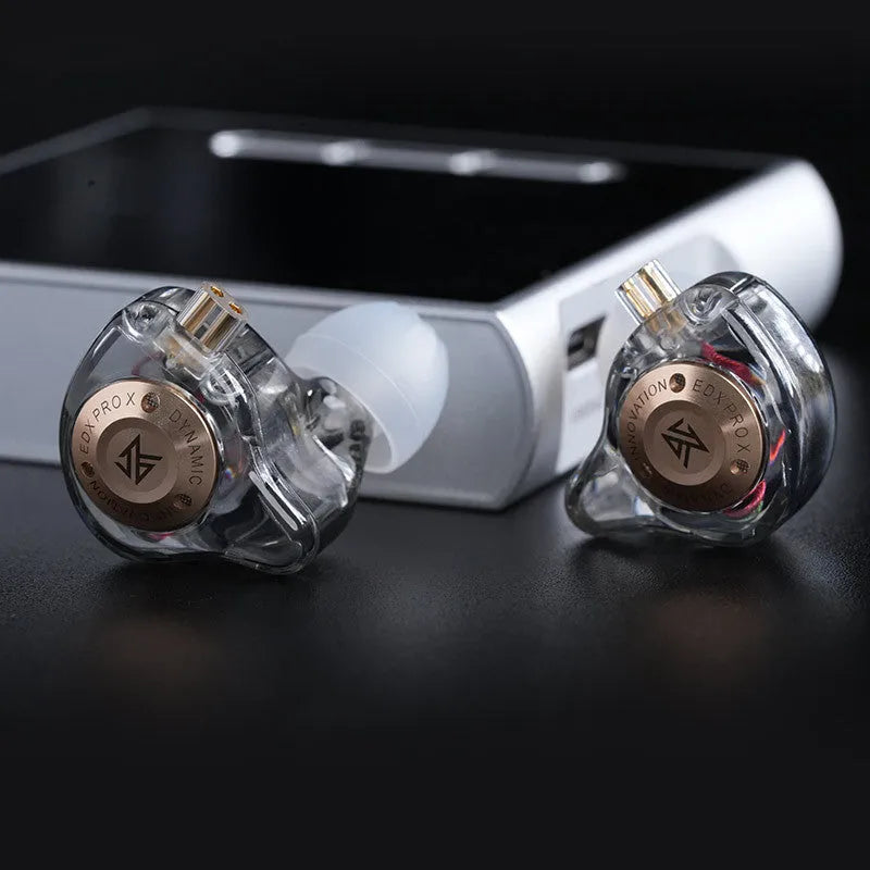 Transparent gray wired in-ear headset with microphone and controller, L-curved plug, simple style