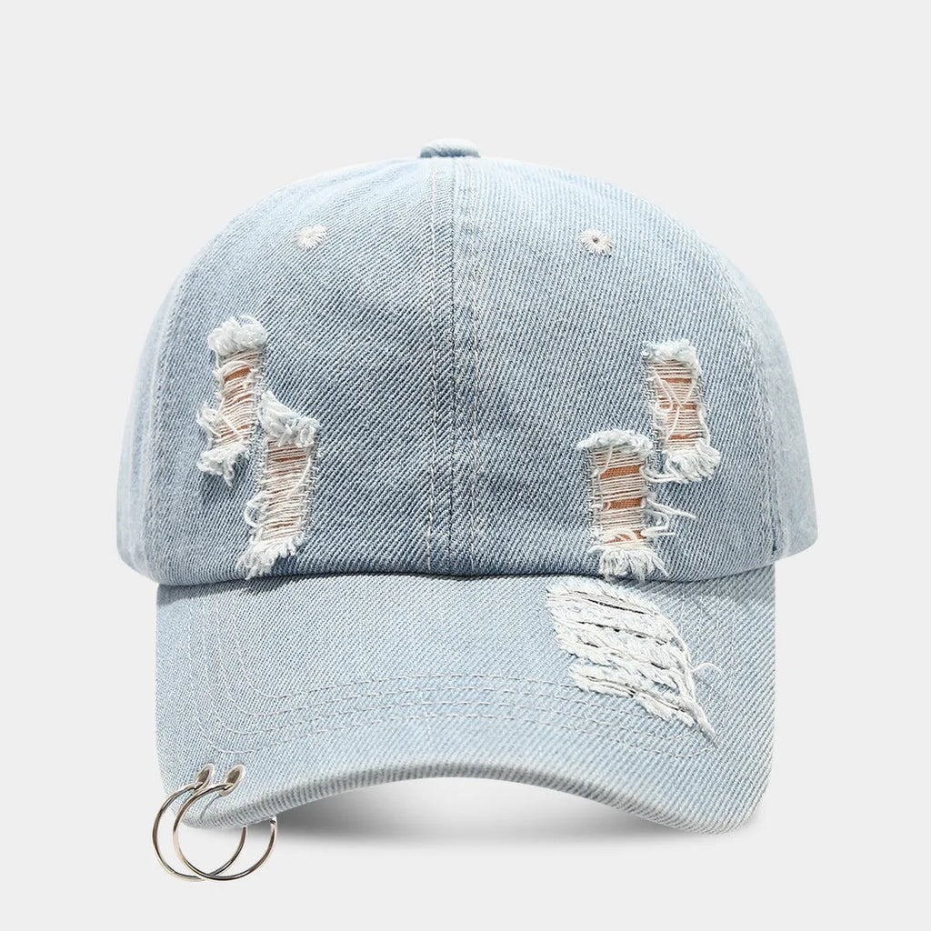 Men's denim peaked cap with dome crown in black, white, and light blue jeans colours showing adjustable strap
