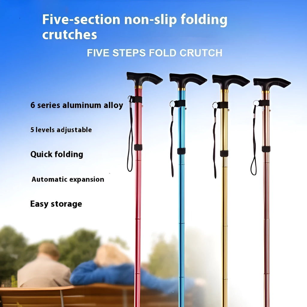 Adjustable aluminium folding walking cane extended to show telescopic design and non-slip handle
