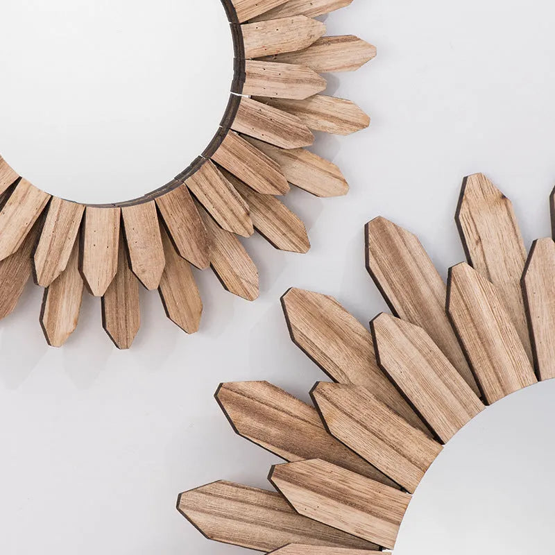 Round solid wood hanging mirror with European-style baked colour finish on a wall.