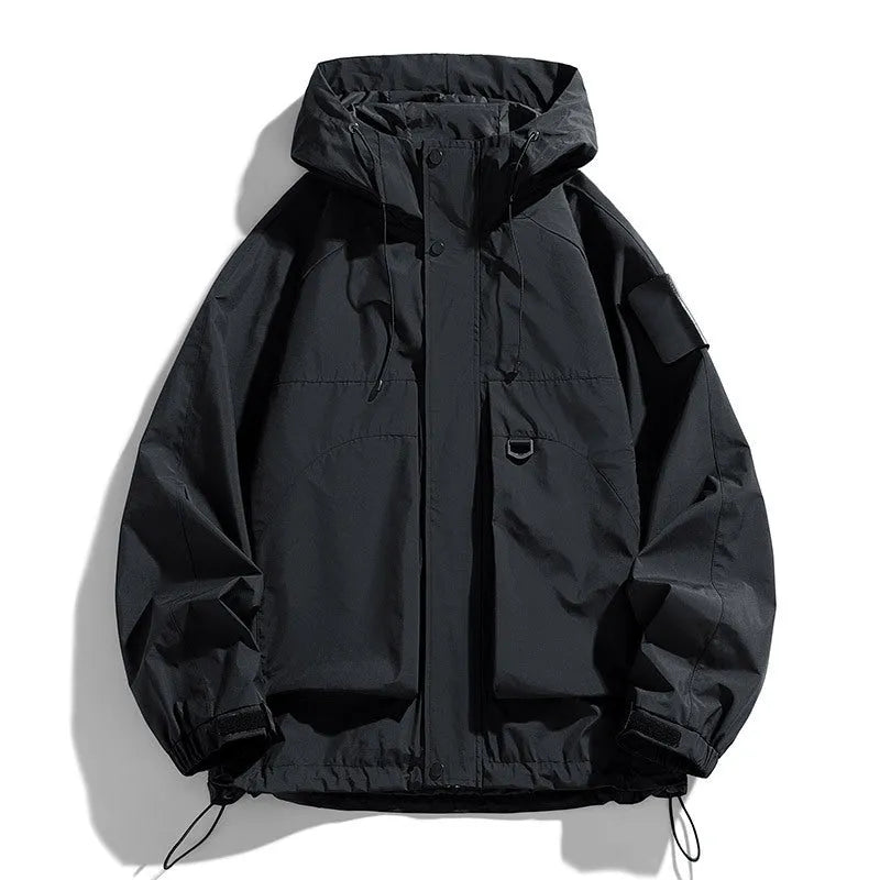 Men's hooded windproof waterproof jacket in chemical fibre blend available black purple ginger yellow