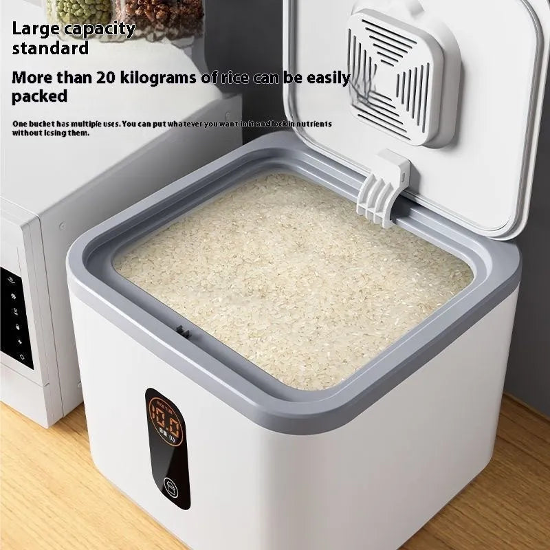 Grey plastic rice storage jar with airtight lid and measuring cup in 10kg, 20kg, or 30kg capacity options
