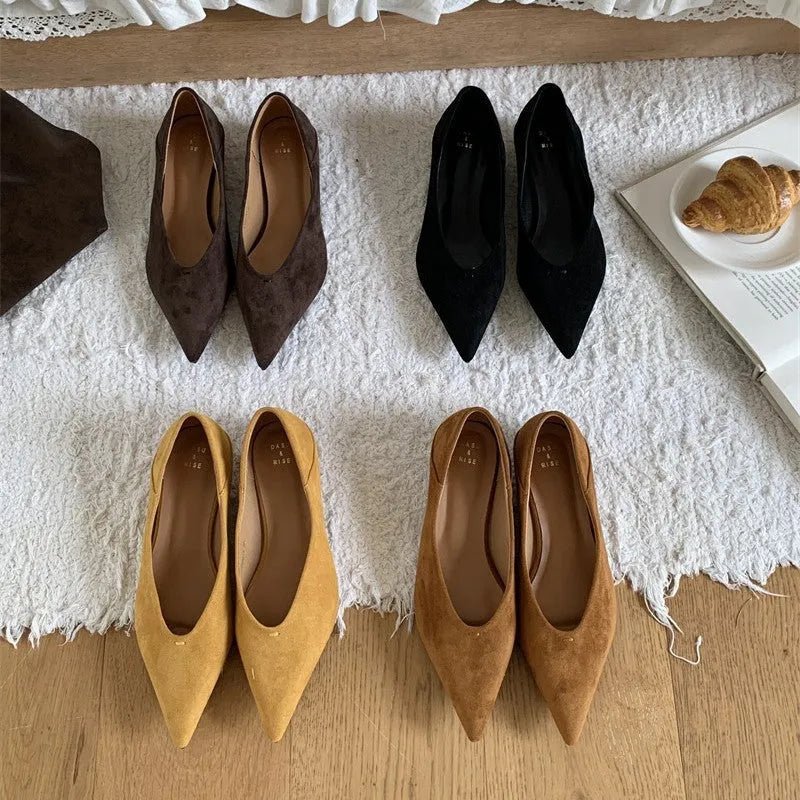 Wedge suede pointed toe pumps in black, brown, coffee or yellow, flat heel, square toe, sizes 35-40